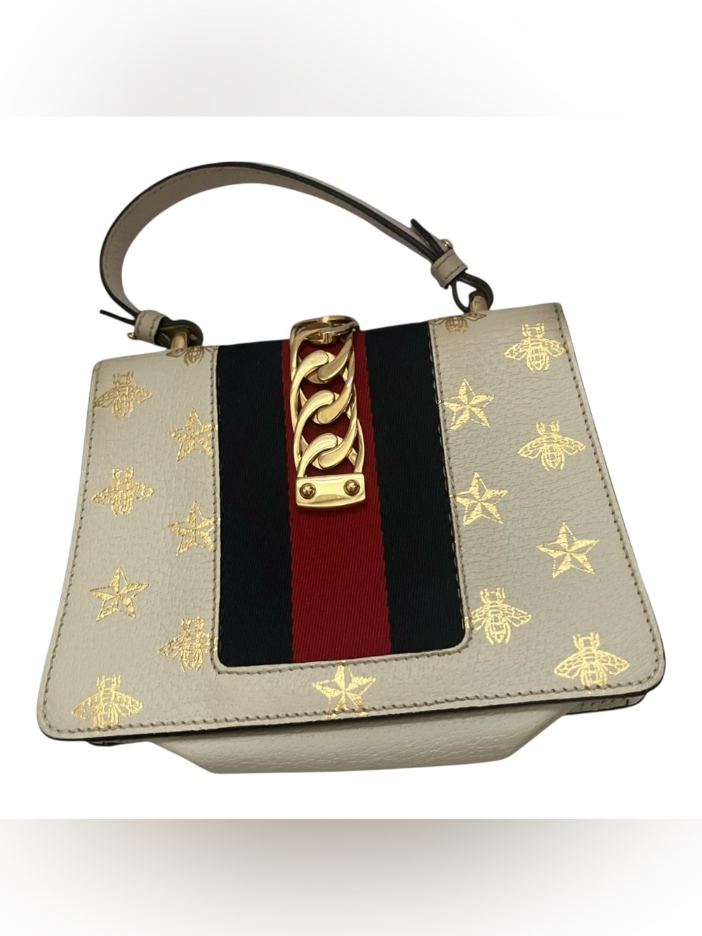 Gucci Cream Leather Top Handle Satchel/Crossbody with Gold Bee & Star Accents- - Picture 2 of 10